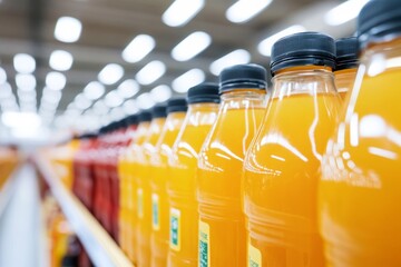 Bottles of orange drink lined on a shelf in a brightly lit retail store aisle