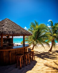 Tropical Beach Bar Surrounded by Palm Trees and Crystal Clear Waters