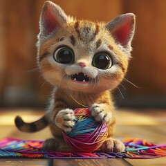 Playful 8 Bit Cartoon Cat Happily Pouncing on Colorful Ball of Yarn in Close Up Digital