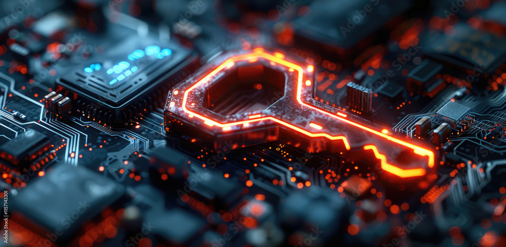 Aufkleber a digital illustration of an abstract wrench-shaped key, glowing with neon blue and red lights on to