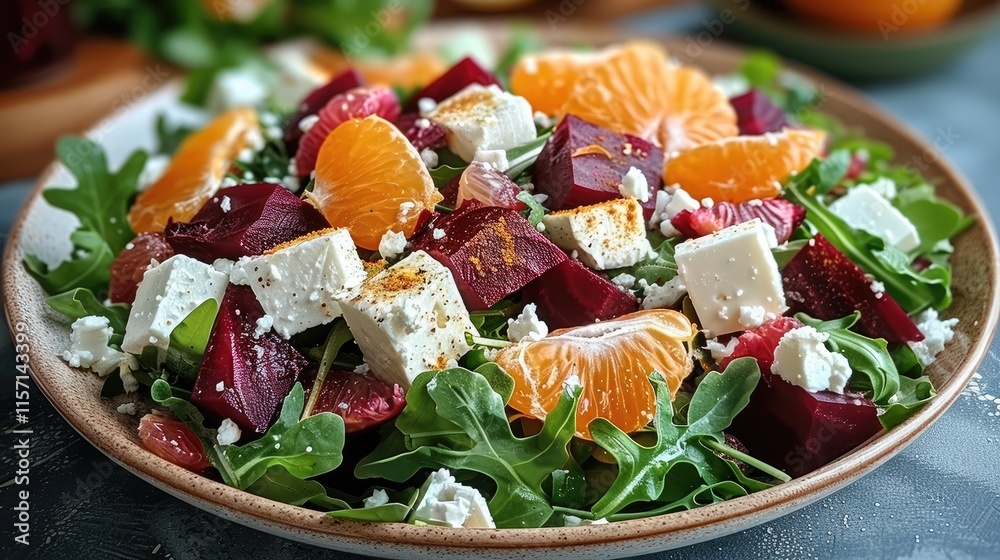 Poster Salad with beetroot, tangerines, feta cheese and arugula, dressing with mustard dressing.