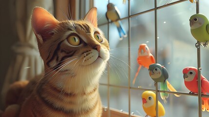 Curious Feline Gazes Admiringly at Vibrant Avian Visitors through Quaint Window