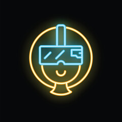 Neon sign depicting a person wearing a vr headset and smiling, potentially indicating enjoyment of a game or experience