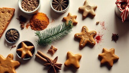 Festive Gingerbread Baking Scene with Spices and Decorations