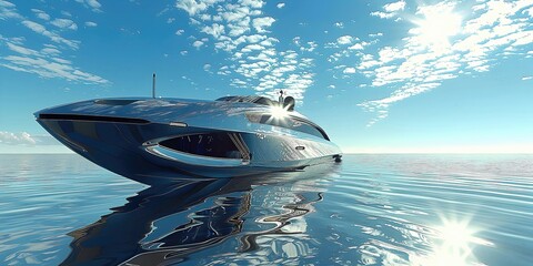 Sleek Futuristic Yacht Cruising on Calm Reflective Sea with Minimalist Design and Aerial Perspective