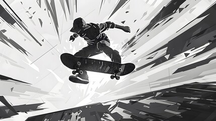 Surreal Monochromatic Skateboarder Soaring in Midair with Geometric Shapes and Abstract Shadows