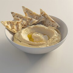 Minimalist 3D Rendered Hummus Bowl with Geometric Pita Bread Arrangement