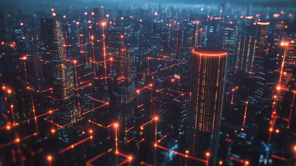 Fototapeta premium Smart digital Innovation city with connection network reciprocity over the cityscape. of future smart wireless digital city and social media networking systems that connects people with in city