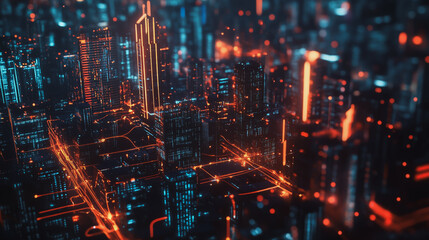 Fototapeta premium Smart digital Innovation city with connection network reciprocity over the cityscape. of future smart wireless digital city and social media networking systems that connects people with in city