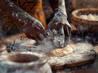 Hands Skillfully Prepare Traditional African Dough with Focused Attention to Flour Dust and Rhythmic Movements