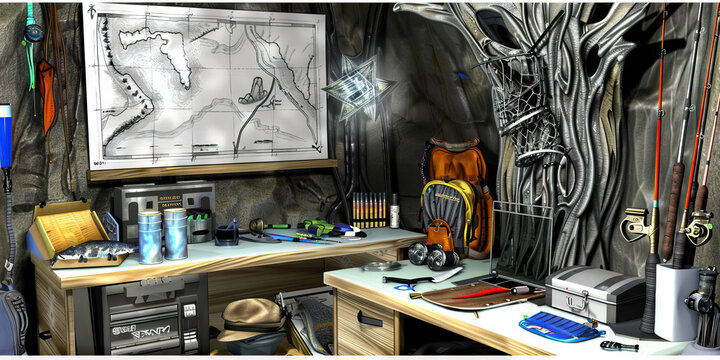 Digital Illustration of Angler's Workspace with Fishing Equipment and Topographic Map