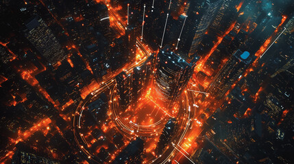 Naklejka premium Smart digital Innovation city with connection network reciprocity over the cityscape. of future smart wireless digital city and social media networking systems that connects people with in city