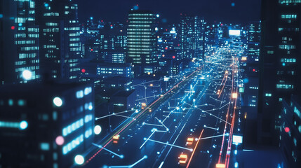 Naklejka premium Smart digital Innovation city with connection network reciprocity over the cityscape. of future smart wireless digital city and social media networking systems that connects people with in city