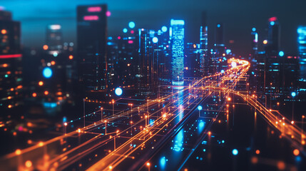 Smart digital Innovation city with connection network reciprocity over the cityscape. of future smart wireless digital city and social media networking systems that connects people with in city