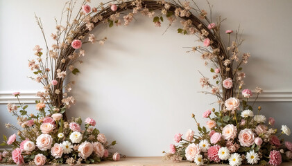 Backdrops for maternity, weddings, and photos with an arch of beautiful flowers and an antique wall. 
