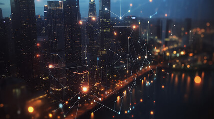 Naklejka premium Smart digital Innovation city with connection network reciprocity over the cityscape. of future smart wireless digital city and social media networking systems that connects people with in city