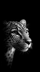 Naklejka premium Majestic leopard gazing intensely in profile against a dark background in a striking monochrome portrait