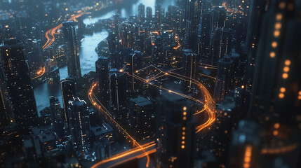 Fototapeta premium Smart digital Innovation city with connection network reciprocity over the cityscape. of future smart wireless digital city and social media networking systems that connects people with in city