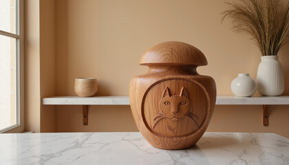Wooden cat urn on marble surface in minimalist room