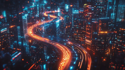Fototapeta premium Smart digital Innovation city with connection network reciprocity over the cityscape. of future smart wireless digital city and social media networking systems that connects people with in city