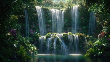 Obraz premium Stunning view of cascading waterfalls amidst lush greenery