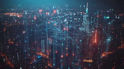 Fototapeta premium Smart digital Innovation city with connection network reciprocity over the cityscape. of future smart wireless digital city and social media networking systems that connects people with in city