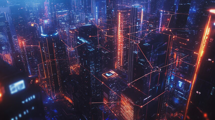 Fototapeta premium Smart digital Innovation city with connection network reciprocity over the cityscape. of future smart wireless digital city and social media networking systems that connects people with in city