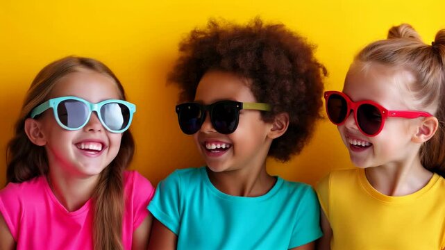 3 petites filles avec des lunettes de soleil qui rient avec un fond orange. 3 little girls in sunglasses laughing against an orange background.