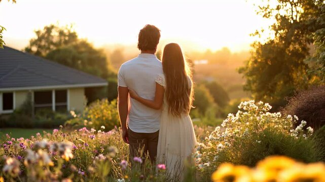 Couple de dos au milieu de la nature face au soleil. Couple from back in the middle of nature facing the sun.