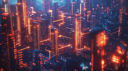 Obraz premium Smart digital Innovation city with connection network reciprocity over the cityscape. of future smart wireless digital city and social media networking systems that connects people with in city