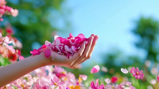 P&eacute;tales qui tombent dans une main de femme en gros plan. Petals falling into a woman's hand in close-up