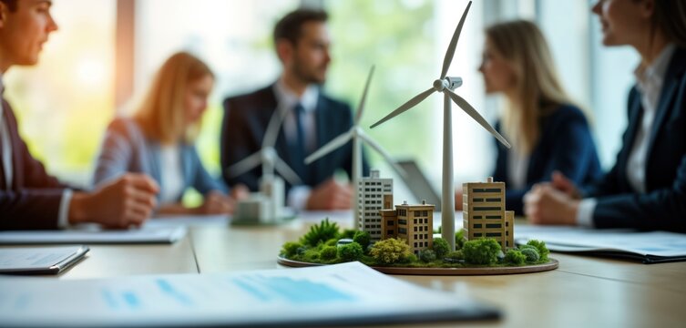 Business professionals meet to discuss eco-friendly renewable energy solutions. Models of wind turbines, eco-buildings illustrate sustainable urban development ideas. Collaboration on innovative - Powered by Adobe