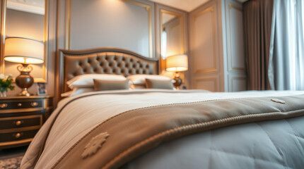 A luxurious bedroom features a plush, tufted brown leather headboard, white bedding with a taupe throw, and two bedside tables with lamps. The room has elegant gold-framed mirrors and drapes.