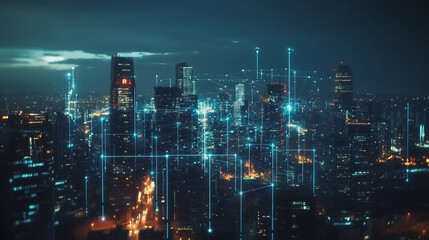 Fototapeta premium smart, digital, city, connection, network, innovation, Smart digital Innovation city with connection network reciprocity over the cityscape. of future smart wireless digital city and social media netw