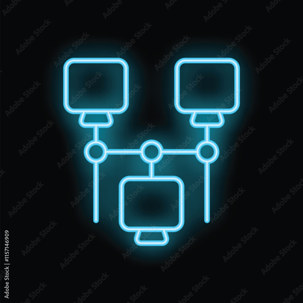 Poster bright neon icon of a computer network representing an intranet connection on a black background