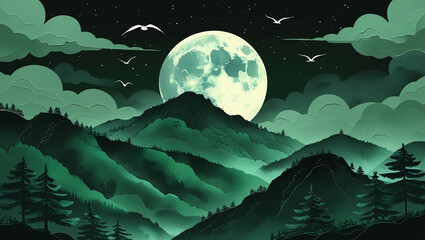 Green moon and mountain night sky background 