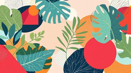 Fototapeta premium Vibrant Tropical Leaf Design with Geometric Shapes