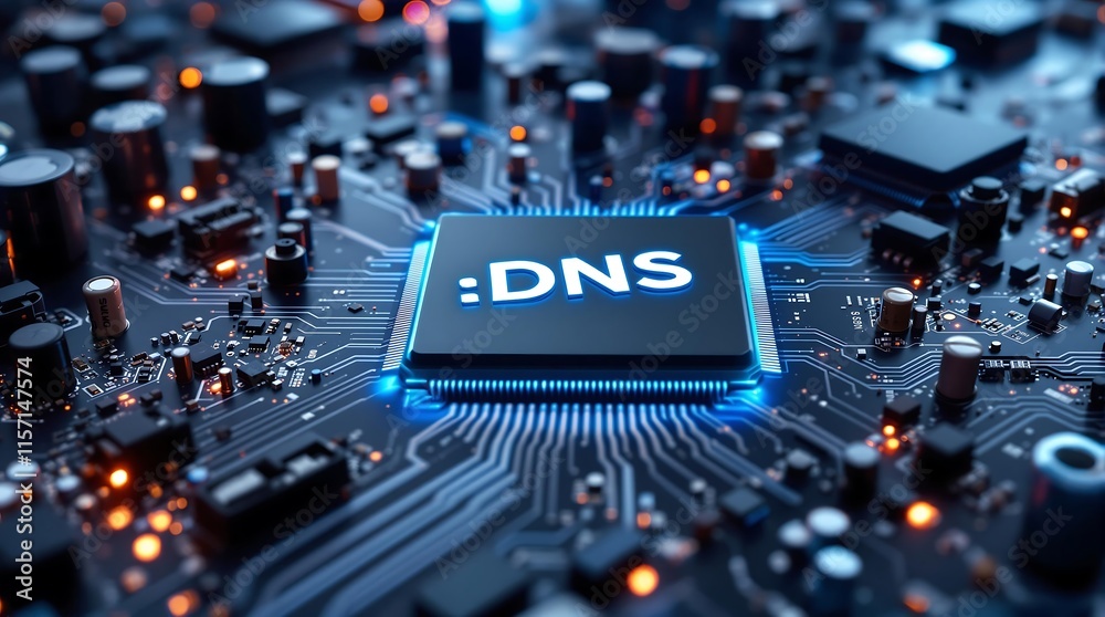 Poster close up of microchip displaying dns acronym representing domain name system concept