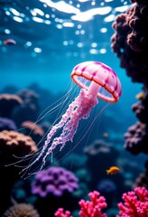jellyfish in coral reef marine life macro photo, vaporwave aesthetic, copy space for text for printing on a T-shirt