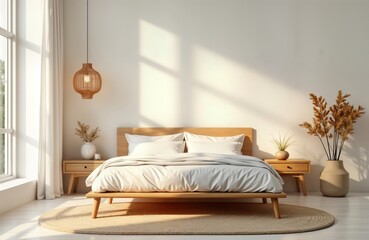 Empty modern bedroom with warm white walls, natural wooden furniture. Sunny light streams in through large window. Contemporary style with minimal decor. Simple wooden bed with white linens, side