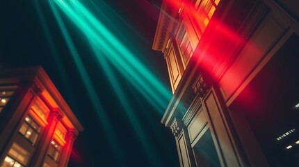 Obraz premium A precise architectural color photograph featuring vibrant light leaks on a dark blurred background. Sharp lines, detailed structures, wide angles, detailed focus, modern design, ethereal theme