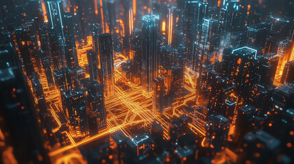 Fototapeta premium smart, digital, city, connection, network, innovation, Smart digital Innovation city with connection network reciprocity over the cityscape. of future smart wireless digital city and social media netw