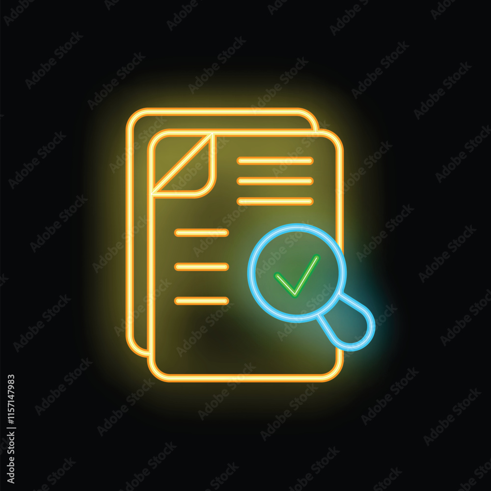 Poster neon icon representing the concept of document validation using a magnifying glass with a check mark