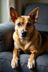 Sleek dog on worn couch, ears laid back, eyes cast down, border collie, exhausted, sick