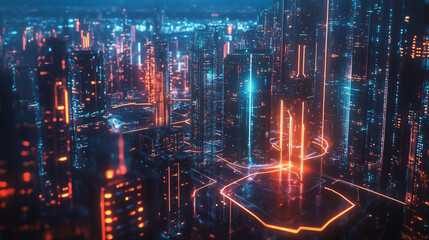 Obraz premium smart, digital, city, connection, network, innovation, Smart digital Innovation city with connection network reciprocity over the cityscape. of future smart wireless digital city and social media netw