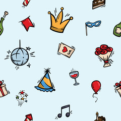 Bright vector seamless pattern with attributes of a holiday, birthday, party, carnival. Editable repeating background for wrapping paper, print, textiles