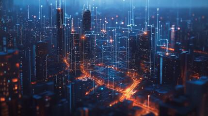 Fototapeta premium smart, digital, city, connection, network, innovation, Smart digital Innovation city with connection network reciprocity over the cityscape. of future smart wireless digital city and social media netw