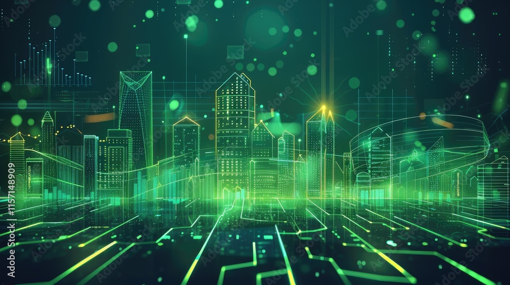 Poster a neon green digital line tech city with financial graphs and data charts in the city background.