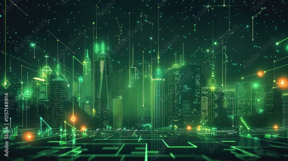 Poster a neon green digital line tech city with financial graphs and data charts in the city background.