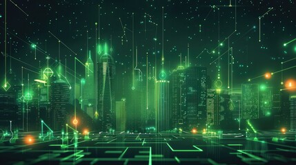 A neon green digital line tech city with financial graphs and data charts in the city background.